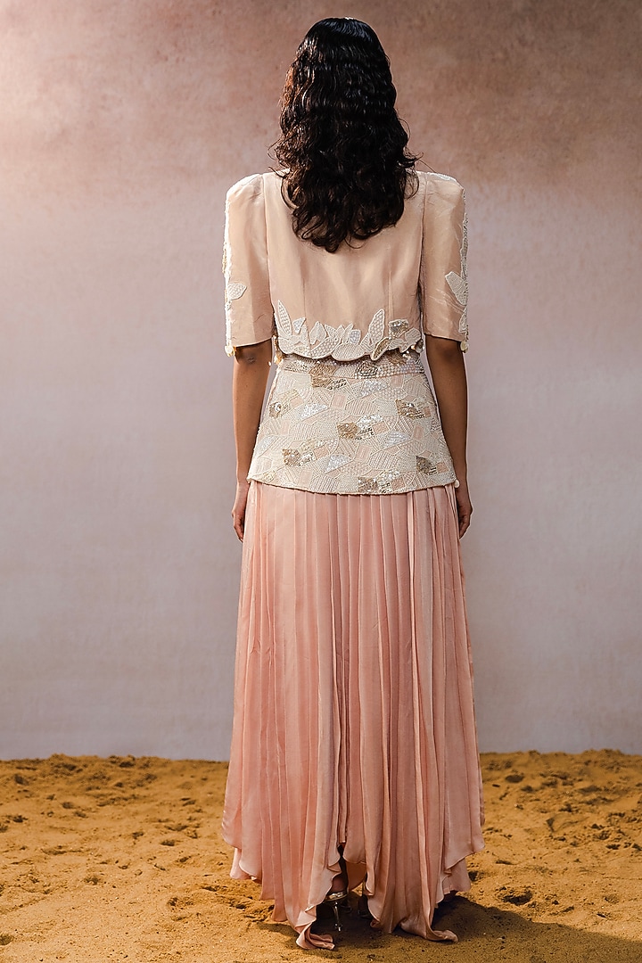 Peach Tissue & Satin Asymmetrical Embroidered Skirt Set by URMIL at Pernia's Pop Up Shop