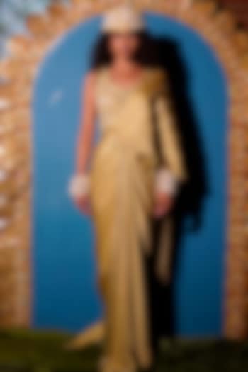 Sage Raw Silk & Satin Georgette Hand Embroidered Concept Wedding Saree Set by URMIL at Pernia's Pop Up Shop