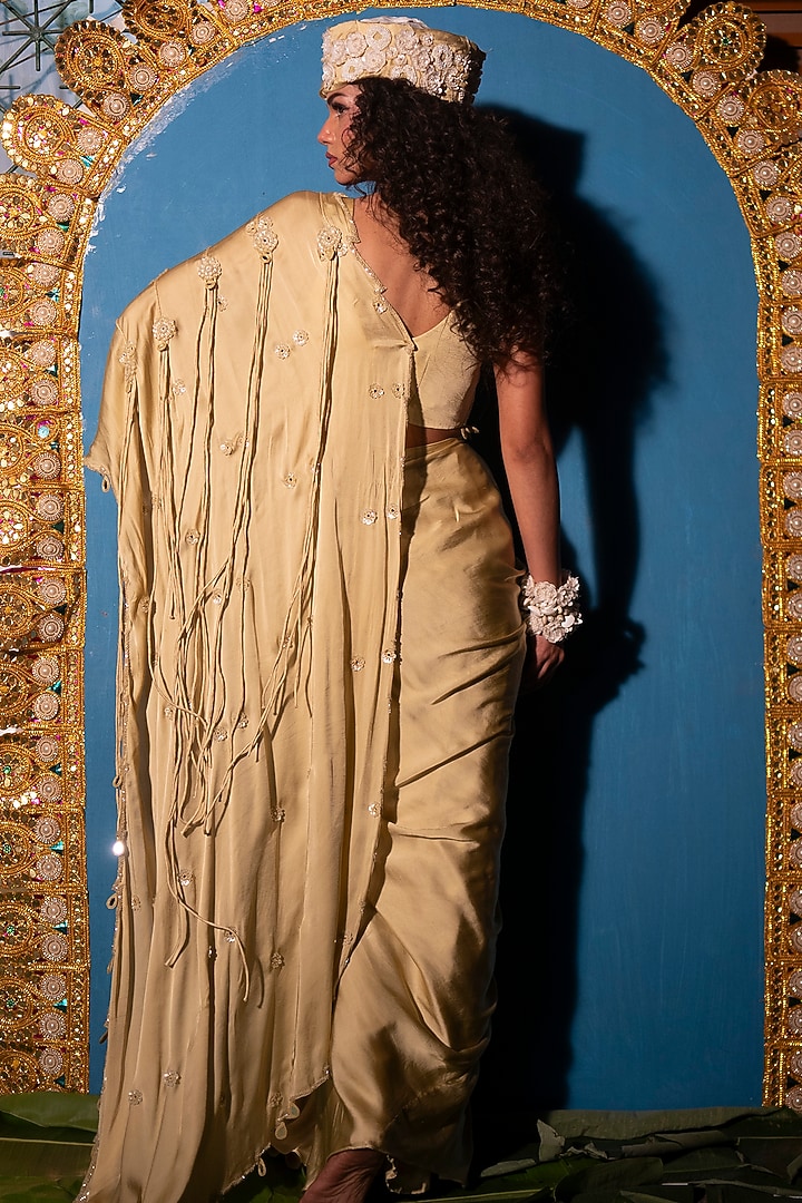 Sage Raw Silk & Satin Georgette Hand Embroidered Concept Wedding Saree Set by URMIL at Pernia's Pop Up Shop
