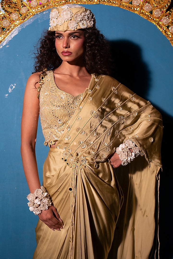 Sage Raw Silk & Satin Georgette Hand Embroidered Concept Wedding Saree Set by URMIL at Pernia's Pop Up Shop