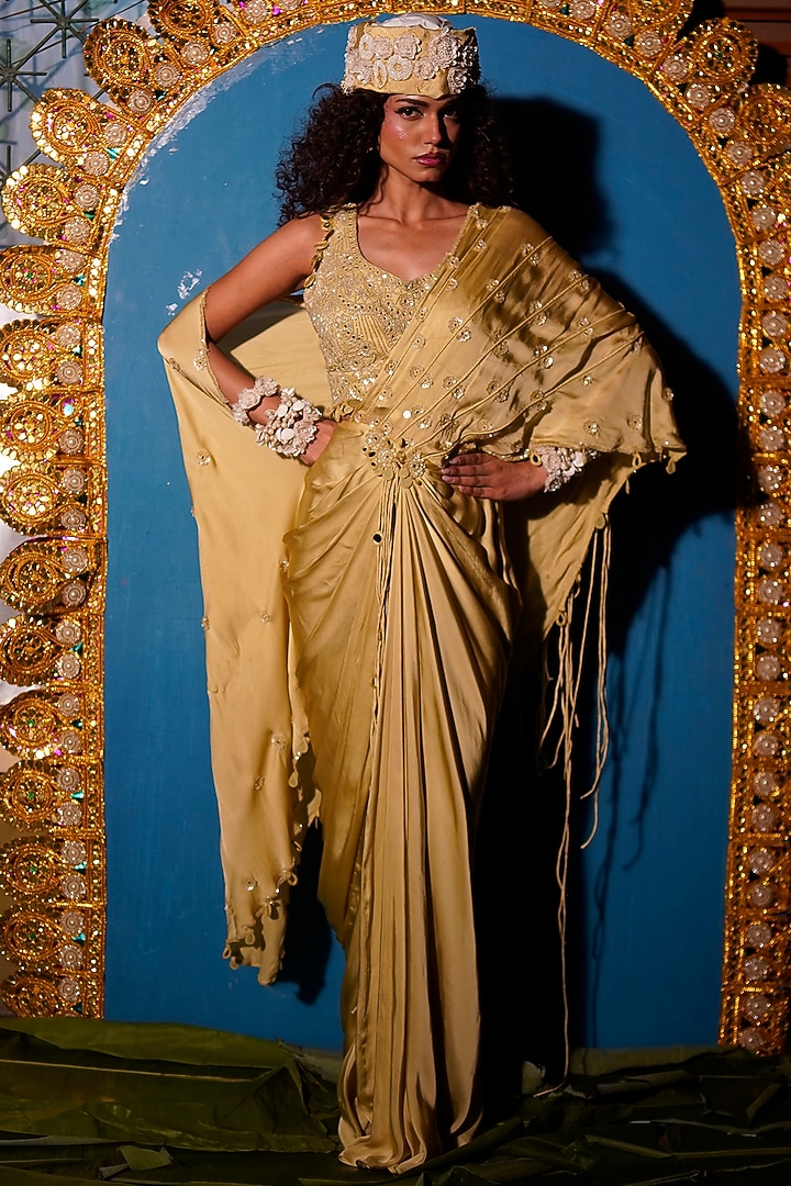 Sage Raw Silk & Satin Georgette Hand Embroidered Concept Wedding Saree Set by URMIL at Pernia's Pop Up Shop