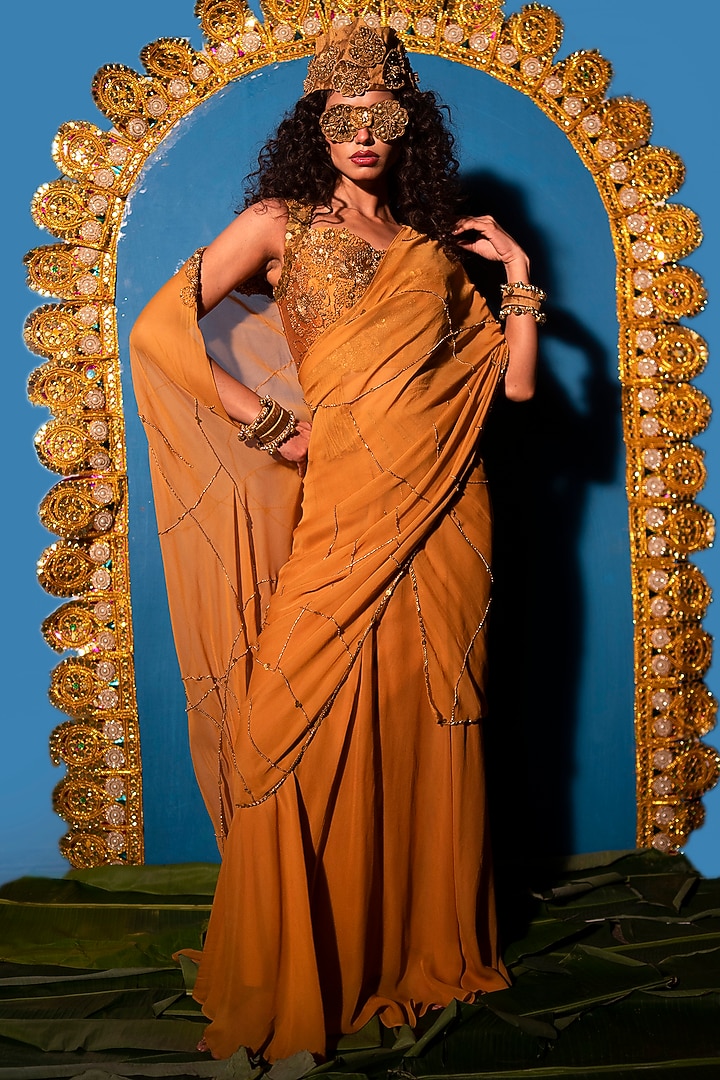 Gold Raw Silk & Dola Embroidered Concept Wedding Saree Set by URMIL at Pernia's Pop Up Shop