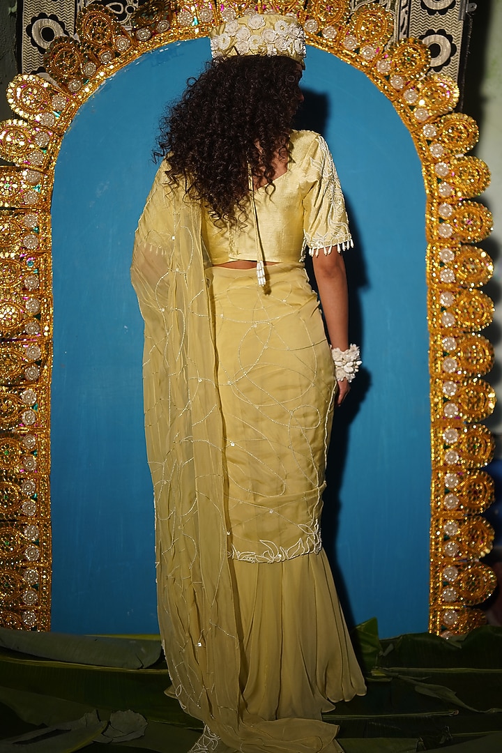 Sage Raw Silk & Soft Organza Hand Embroidered Concept Wedding Saree Set by URMIL at Pernia's Pop Up Shop