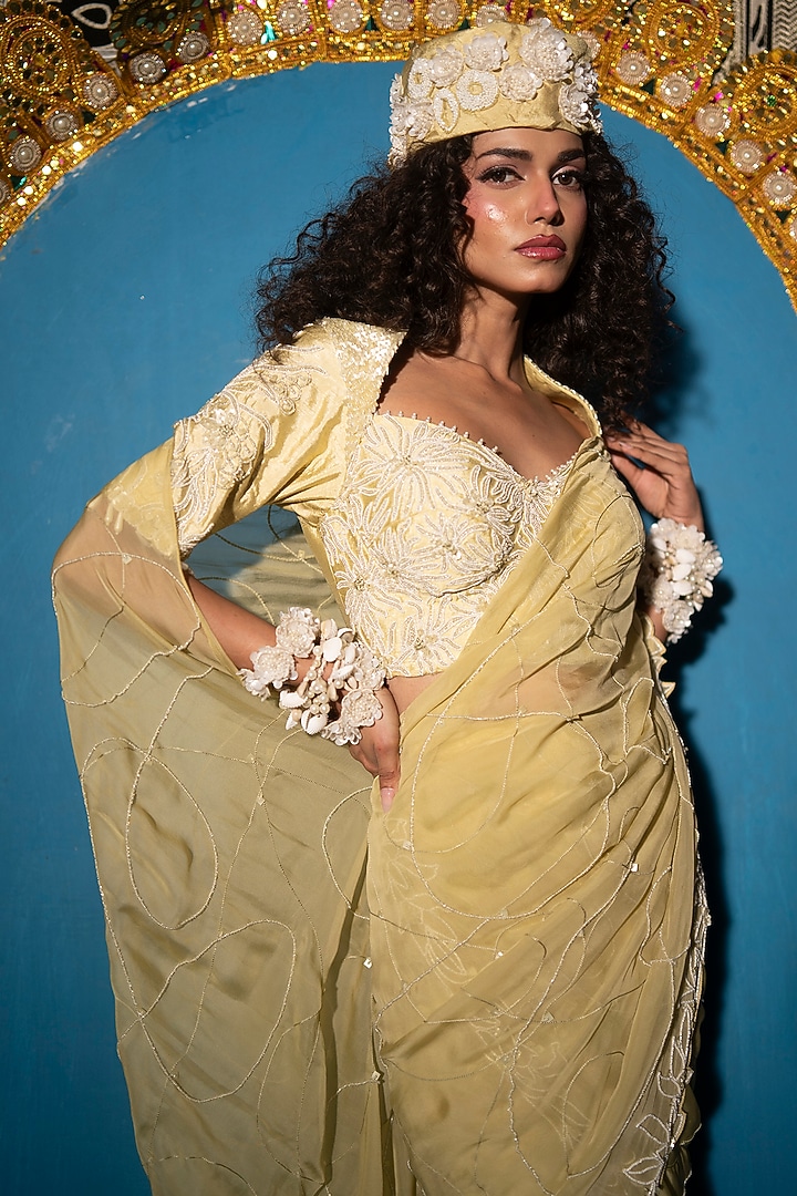 Sage Raw Silk & Soft Organza Hand Embroidered Concept Wedding Saree Set by URMIL at Pernia's Pop Up Shop