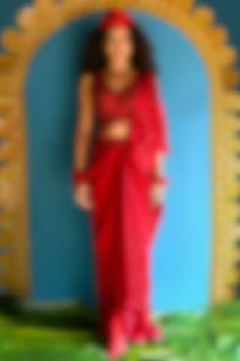 Red Raw Silk & Satin Georgette Hand Embroidered Concept Wedding Saree Set by URMIL at Pernia's Pop Up Shop