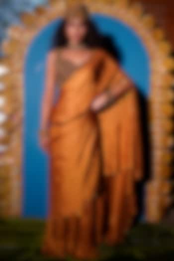 Gold Raw Silk Hand Embroidered Concept Wedding Saree Set by URMIL at Pernia's Pop Up Shop