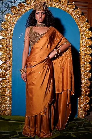 Gold Raw Silk Hand Embroidered Concept Saree Set by URMIL