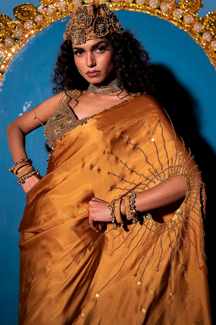 Gold Raw Silk Hand Embroidered Concept Wedding Saree Set by URMIL at Pernia's Pop Up Shop