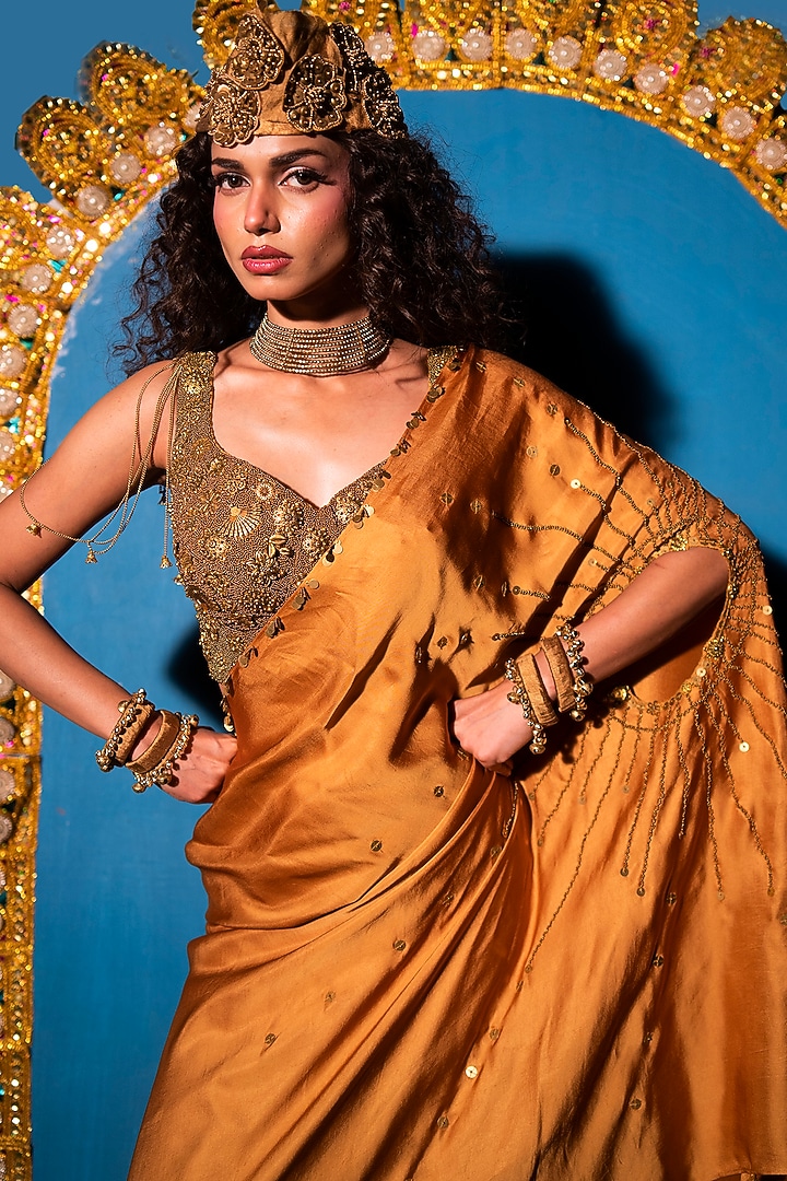 Gold Raw Silk Hand Embroidered Concept Wedding Saree Set by URMIL at Pernia's Pop Up Shop
