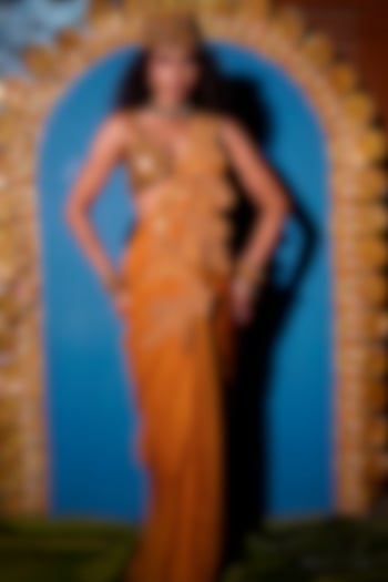 Gold Raw Silk Hand Embroidered Concept Wedding Saree Set by URMIL at Pernia's Pop Up Shop