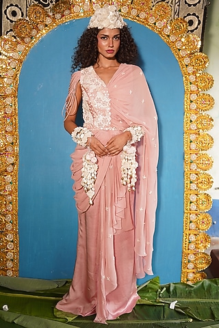 Nude Raw Silk Embroidered Jumpsuit Saree by URMIL