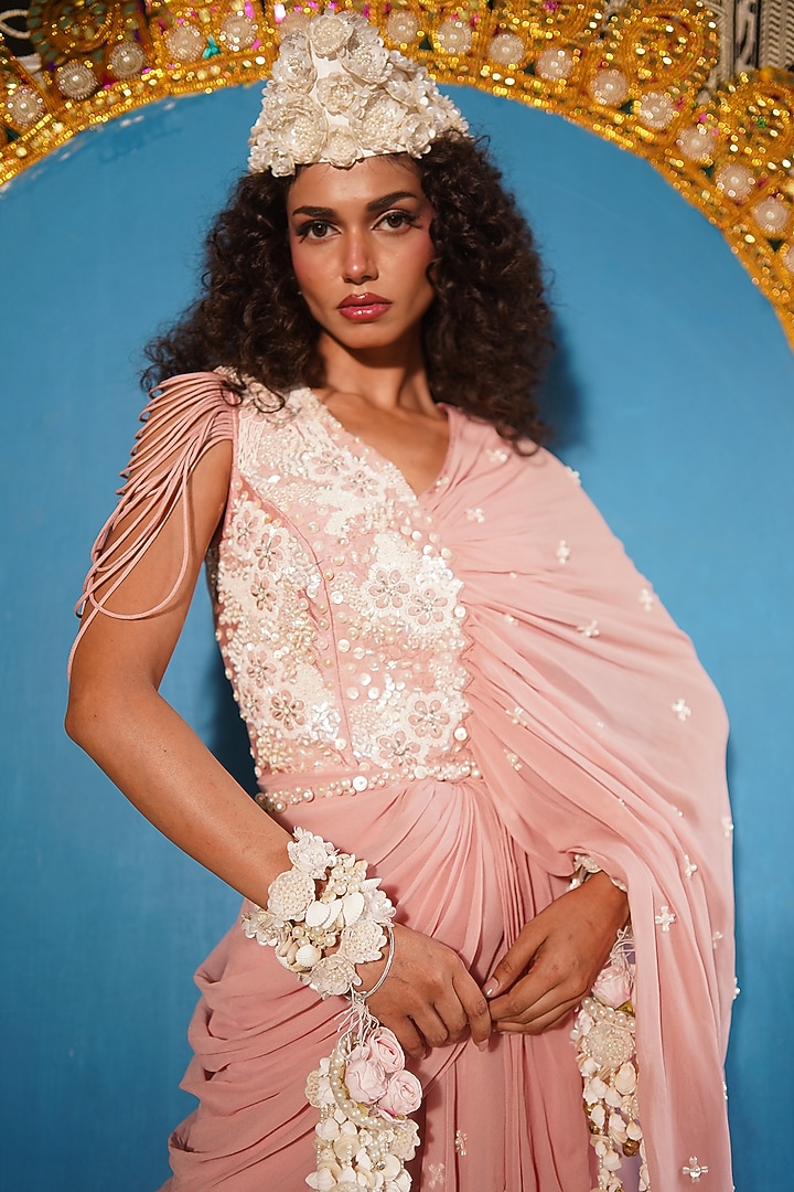 Nude Raw Silk Embroidered Jumpsuit Wedding Saree by URMIL at Pernia's Pop Up Shop