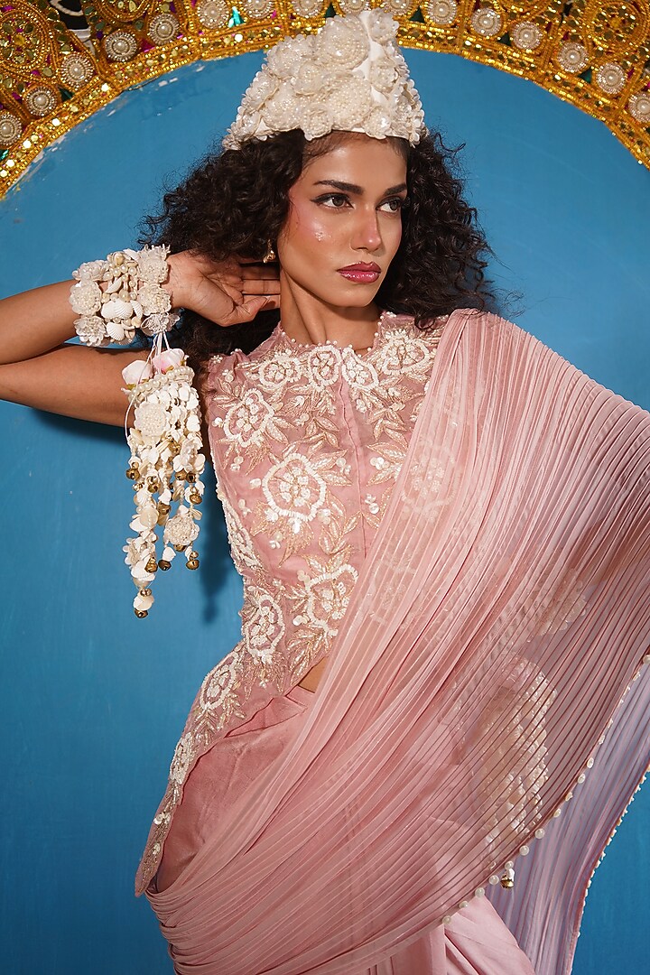 Nude Organza & Satin Embroidered Jacket Wedding Saree Set by URMIL at Pernia's Pop Up Shop