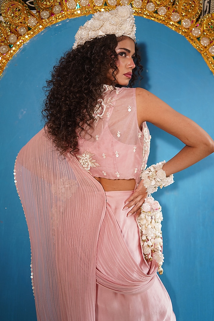 Nude Organza & Satin Embroidered Jacket Wedding Saree Set by URMIL at Pernia's Pop Up Shop