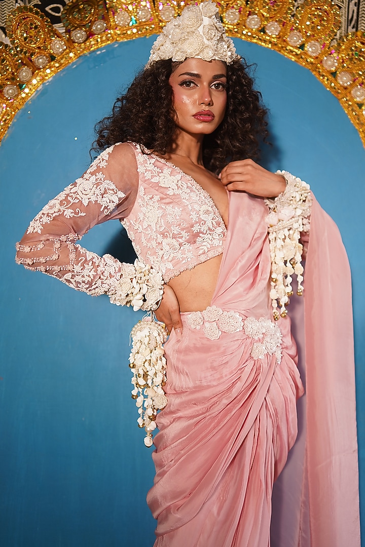 Nude Organza Embroidered Concept Wedding Saree Set by URMIL at Pernia's Pop Up Shop