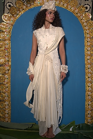 Off-White Muslin & Organza Embroidered Jacket Set by URMIL