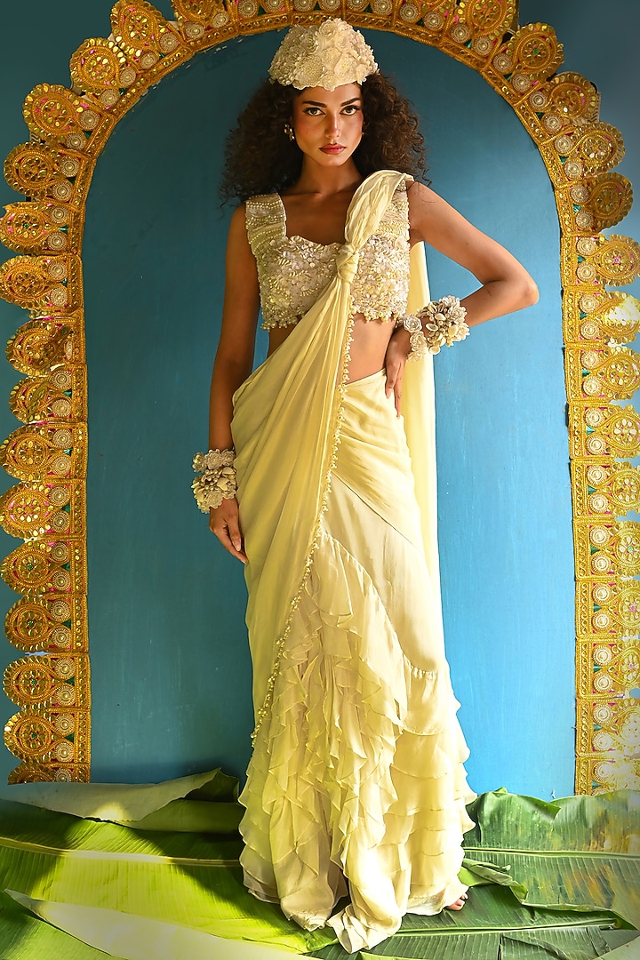 Off-White Crystal Organza Embroidered Concept Wedding Saree Set by URMIL at Pernia's Pop Up Shop