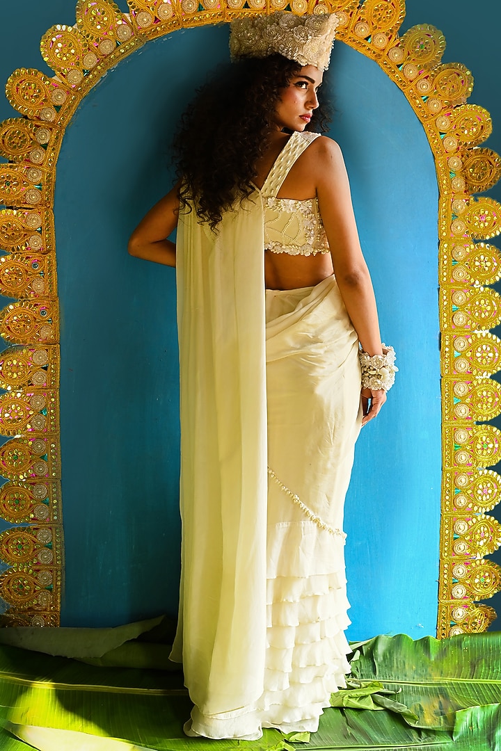 Off-White Crystal Organza Embroidered Concept Wedding Saree Set by URMIL at Pernia's Pop Up Shop