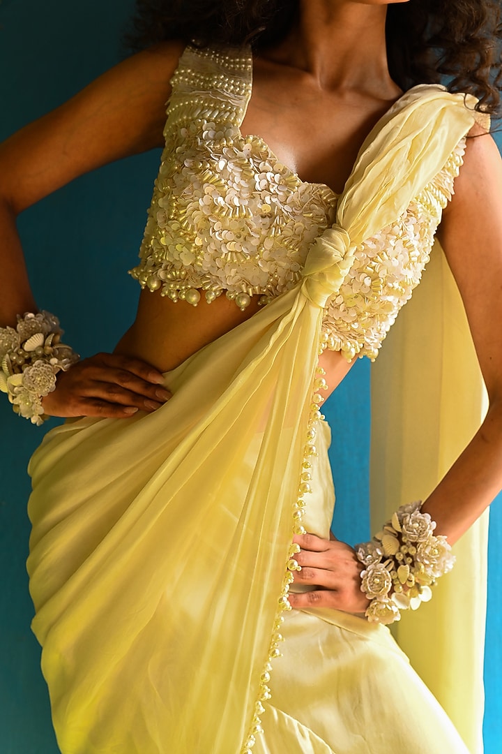 Off-White Crystal Organza Embroidered Concept Wedding Saree Set by URMIL at Pernia's Pop Up Shop