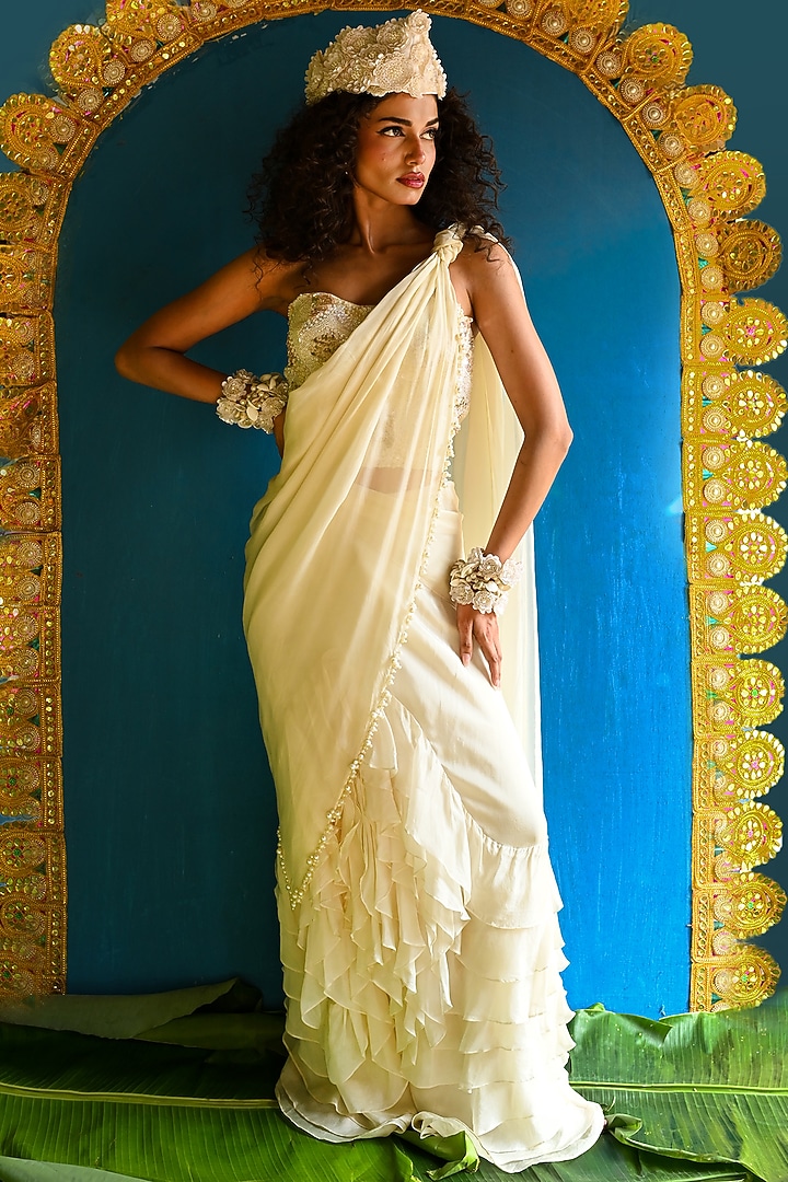 Off-White Crystal Organza Embroidered Concept Wedding Saree Set by URMIL at Pernia's Pop Up Shop