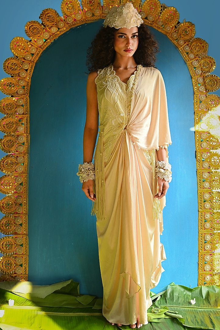 Beige Raw Silk & Dola Embroidered Concept Satee Set by URMIL at Pernia's Pop Up Shop