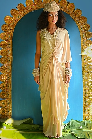 Beige Raw Silk & Dola Embroidered Concept Satee Set by URMIL