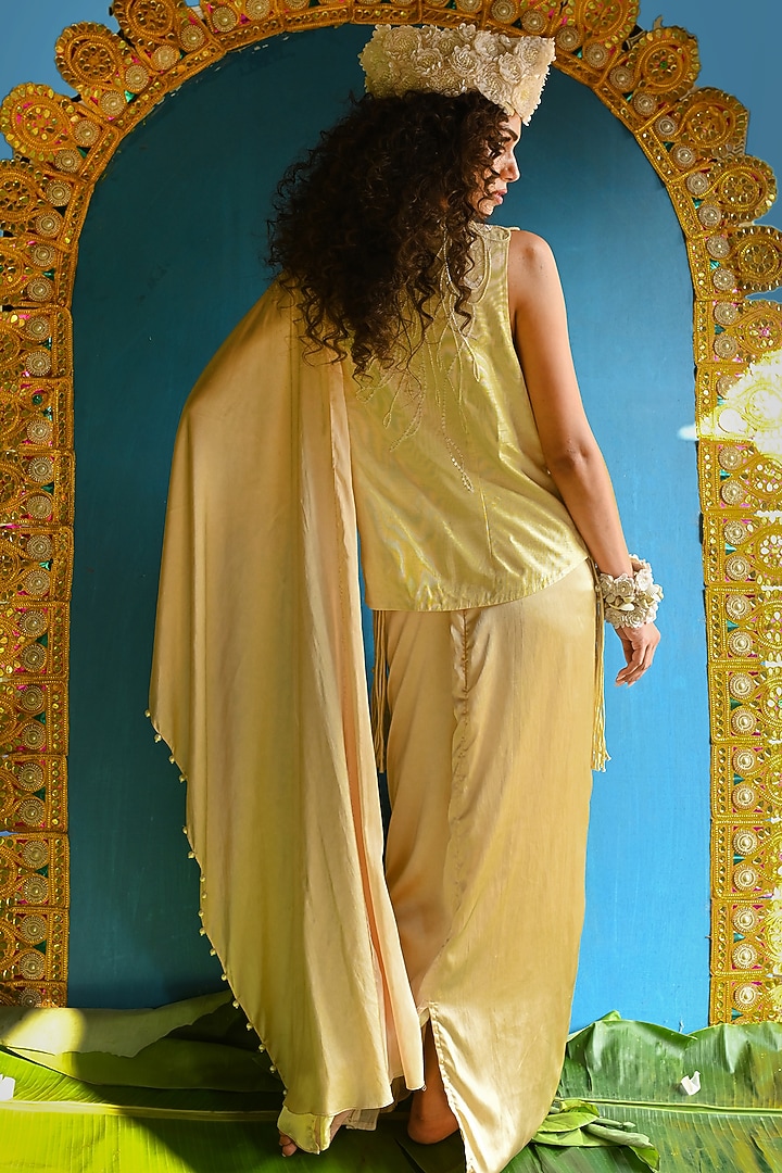 Beige Raw Silk & Dola Embroidered Concept Satee Set by URMIL at Pernia's Pop Up Shop