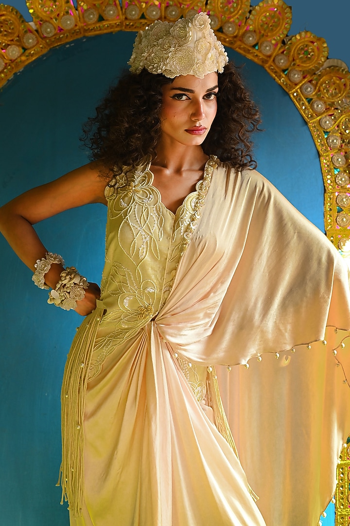 Beige Raw Silk & Dola Embroidered Concept Satee Set by URMIL at Pernia's Pop Up Shop
