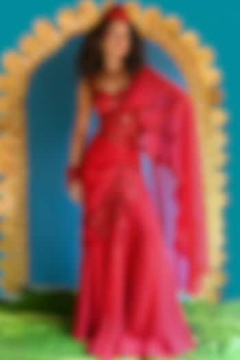 Red Soft Organza & Organza Embroidered Concept Wedding Saree Set by URMIL at Pernia's Pop Up Shop