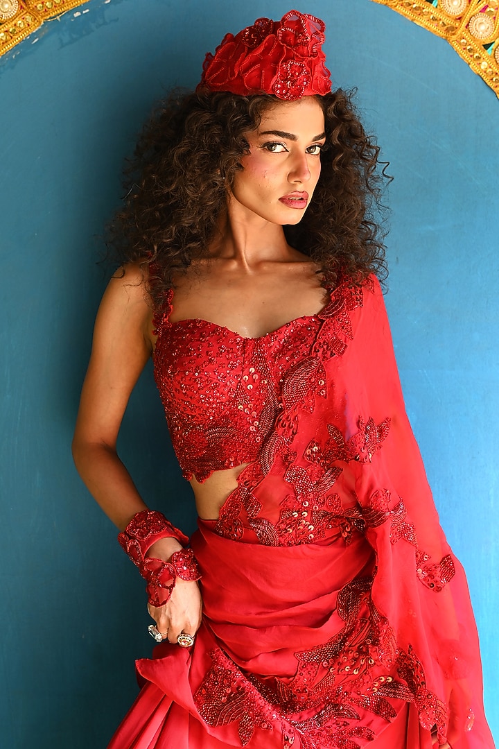 Red Soft Organza & Organza Embroidered Concept Wedding Saree Set by URMIL at Pernia's Pop Up Shop