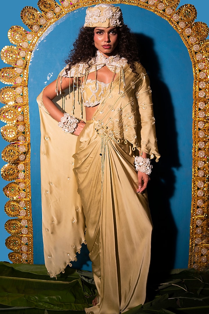 Sage Raw Silk Embroidered Jacket Concept Wedding Saree Set by URMIL at Pernia's Pop Up Shop