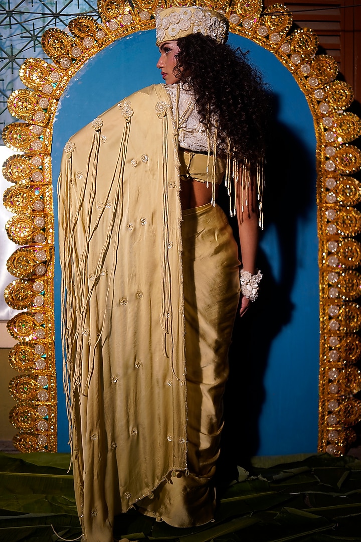 Sage Raw Silk Embroidered Jacket Concept Wedding Saree Set by URMIL at Pernia's Pop Up Shop