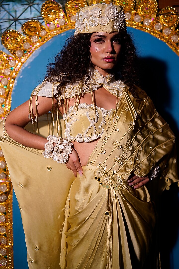 Sage Raw Silk Embroidered Jacket Concept Wedding Saree Set by URMIL at Pernia's Pop Up Shop