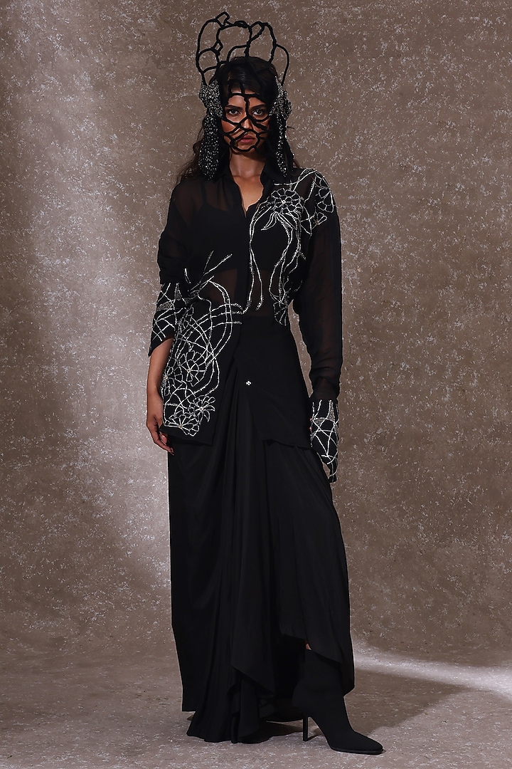 Black Organza & Muslin Co-Ord Set by URMIL at Pernia's Pop Up Shop