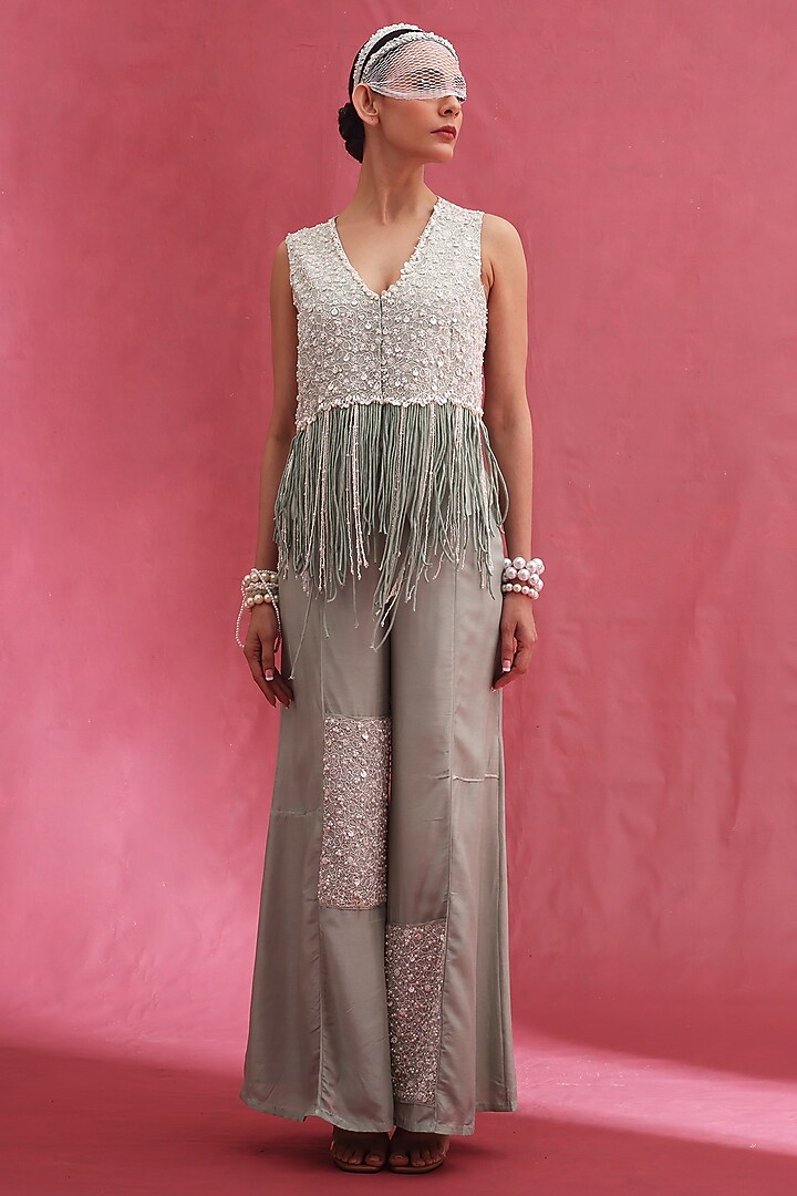 Mint Muslin & Raw Silk Embroidered Waistcoat Set by URMIL at Pernia's Pop Up Shop