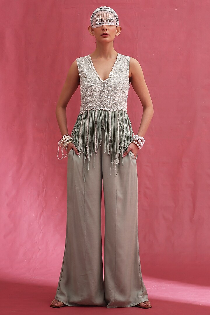 Mint Muslin & Raw Silk Embroidered Waistcoat Set by URMIL at Pernia's Pop Up Shop