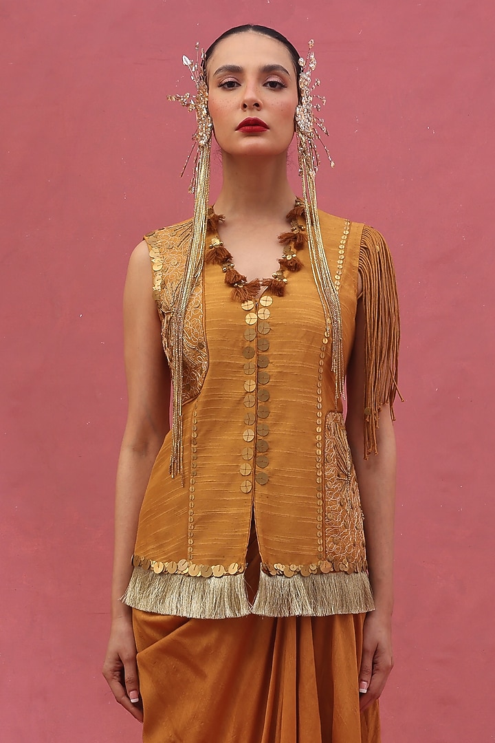 Gold Muslin & Silk Skirt Set by URMIL at Pernia's Pop Up Shop