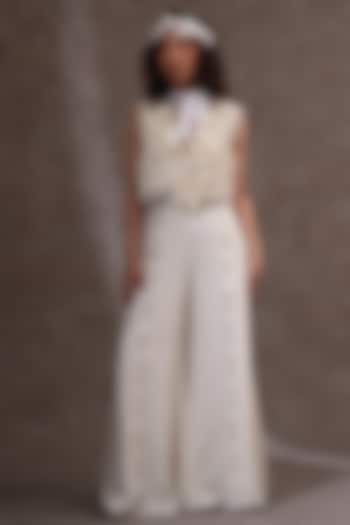 Off-White Silk & Tissue Embellished Jacket Set by URMIL at Pernia's Pop Up Shop