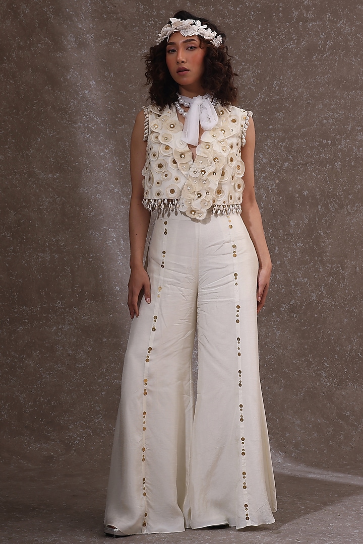 Off-White Silk & Tissue Embellished Jacket Set by URMIL at Pernia's Pop Up Shop