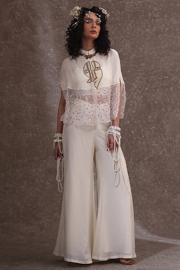 Off-White Silk & Organza Embellished Cape Set by URMIL at Pernia's Pop Up Shop