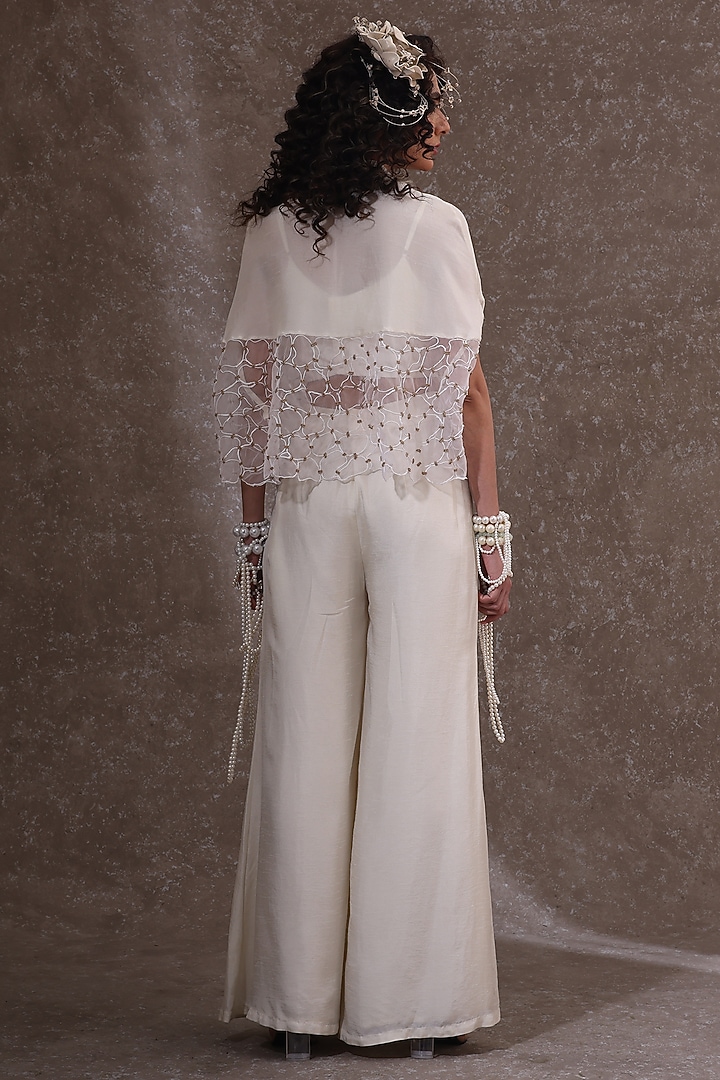 Off-White Silk & Organza Embellished Cape Set by URMIL at Pernia's Pop Up Shop