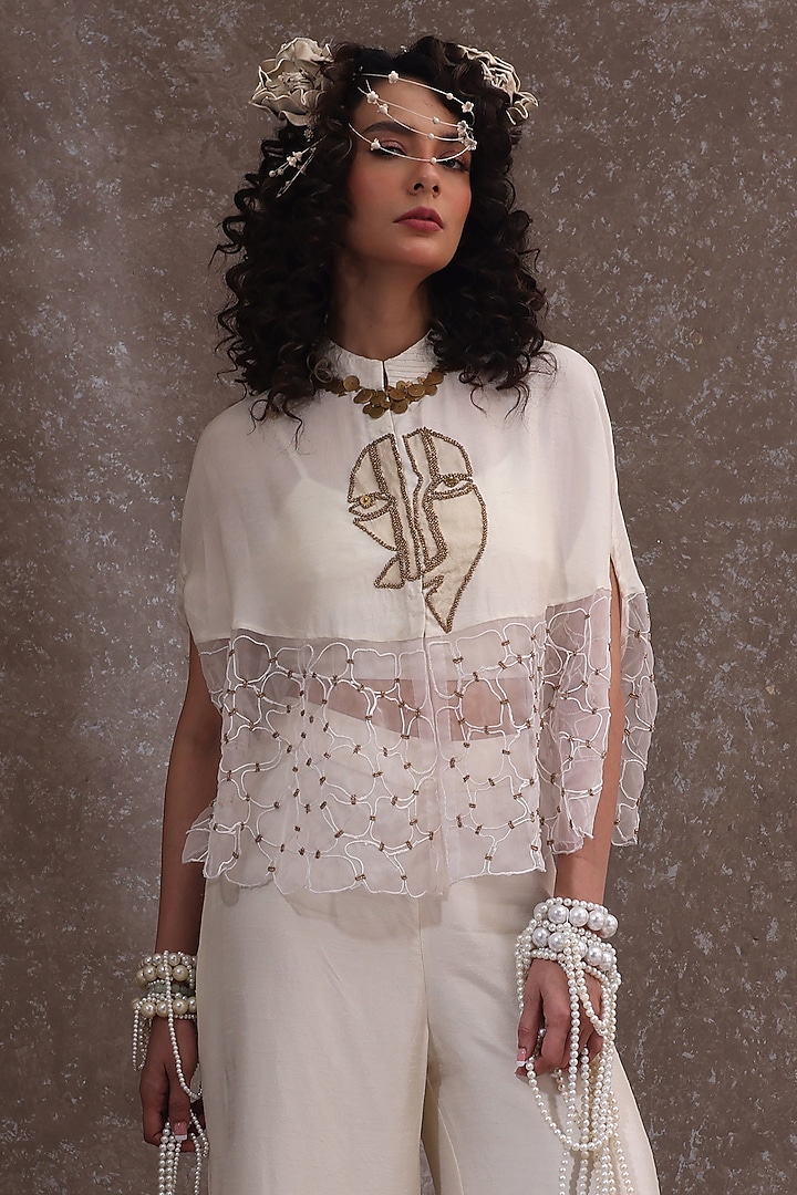 Off-White Silk & Organza Embellished Cape Set by URMIL at Pernia's Pop Up Shop