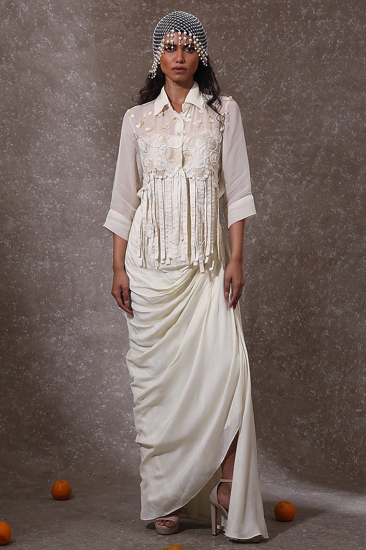 Off-White Soft Organza & Silk Co-Ord Set by URMIL at Pernia's Pop Up Shop