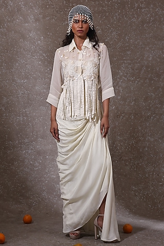 Off-White Soft Organza & Silk Co-Ord Set by URMIL