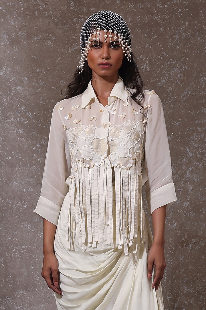 Off-White Soft Organza & Silk Co-Ord Set by URMIL at Pernia's Pop Up Shop