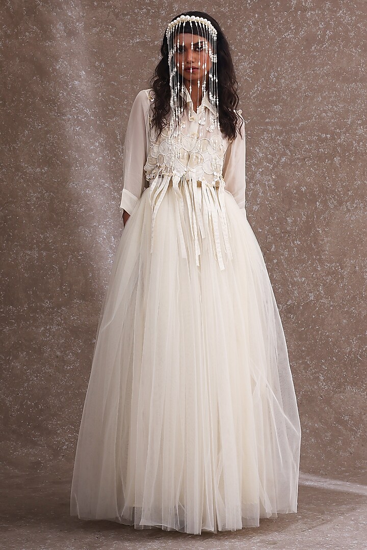 Off-White Soft Organza & Silk Co-Ord Set by URMIL at Pernia's Pop Up Shop