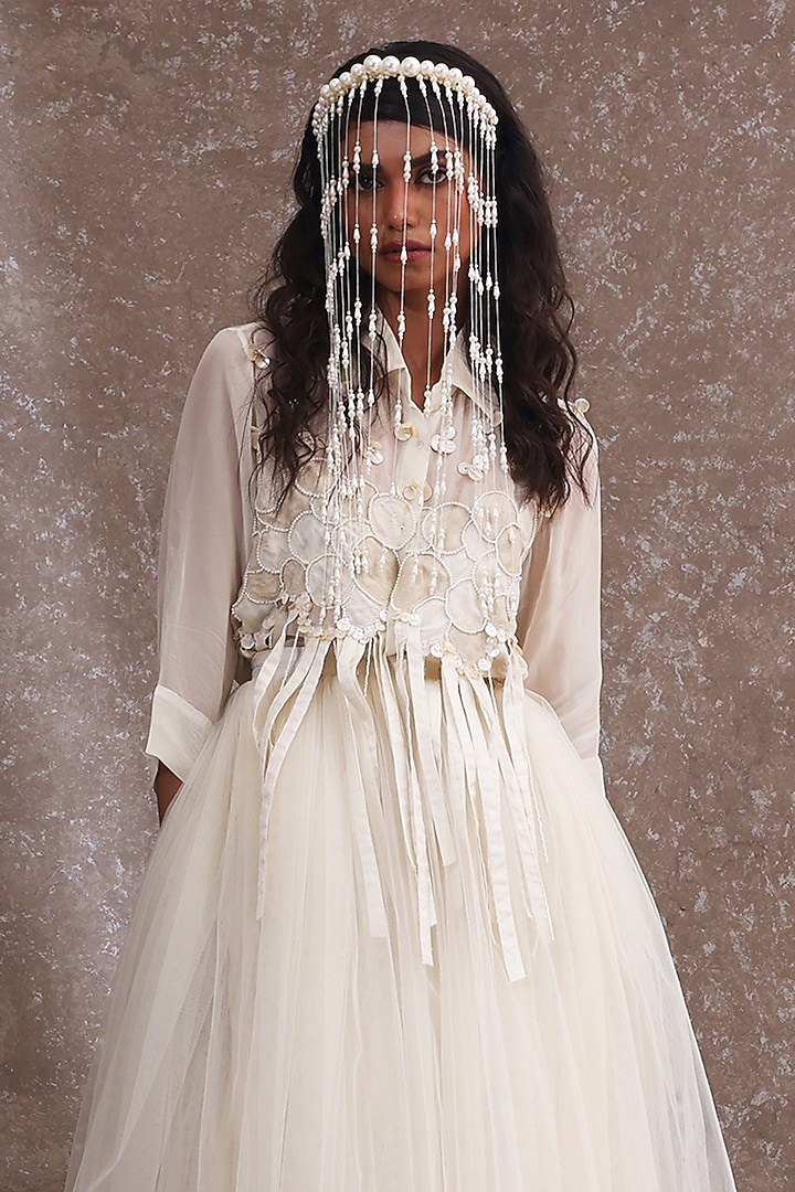 Off-White Soft Organza & Silk Co-Ord Set by URMIL at Pernia's Pop Up Shop