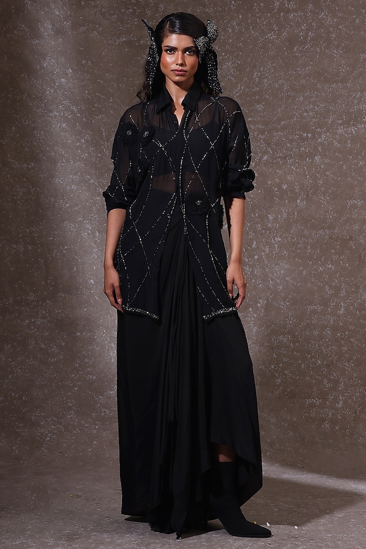 Black Organza & Muslin Co-Ord Set by URMIL at Pernia's Pop Up Shop