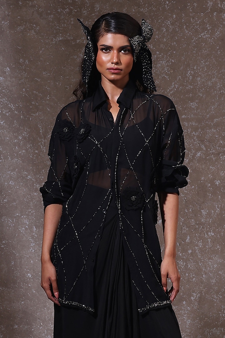 Black Organza & Muslin Co-Ord Set by URMIL at Pernia's Pop Up Shop