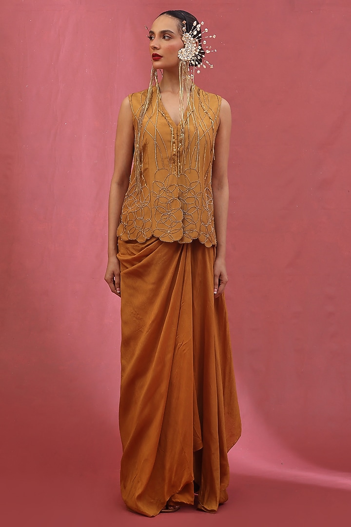 Gold Tissue & Silk Embellished Waistcoat Set by URMIL at Pernia's Pop Up Shop